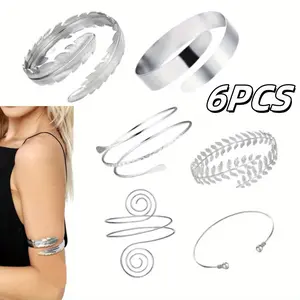 Set Of 6 Women's Jewelry Set Geometric Golden Punk Arm Cuffs Exaggerated Personality Leaf Bangles Set