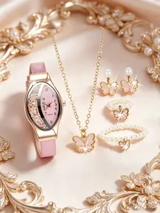 Women's Quartz Watch Set, Matching Jewelry Set, Includes Butterfly Necklace, Earrings, Ring, Bracelet, Perfect Gift for Valentine's Day, Christmas, Thanksgiving