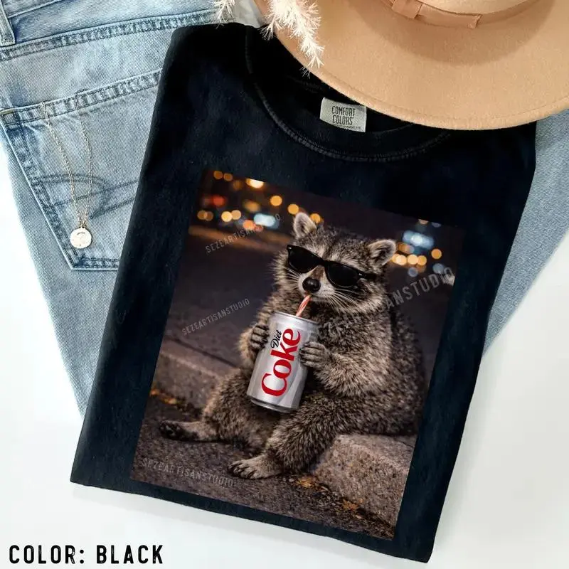 feego Funny Raccoon Graphic T-Shirt, Vintage Casual 100% Cotton Short Sleeve Round Neck Top, Unisex Gift for Raccoon Lovers