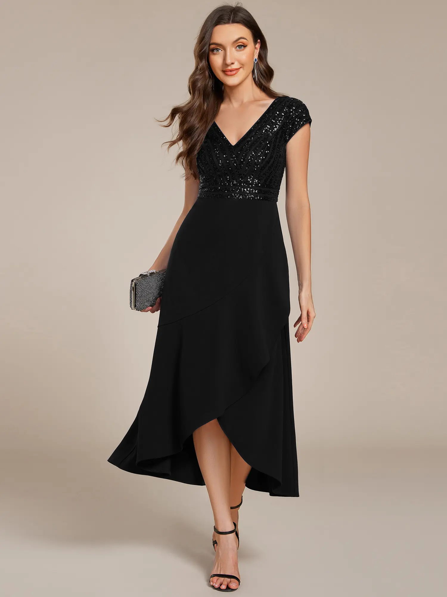 EVER PRETTY Black Formal Dress for Women, Short Sleeve V-Neck Sequin Bodice Chiffon Midi Gown for Evening Parties, Evening Party Dresses, Formal Dresses