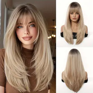 22-Inch Sandy Blonde Air Bangs High-Layered Fluffy Long Straight Hair Wig • With Rose Net Cap • Suitable for Daily Commuting, Work, Dating, Halloween