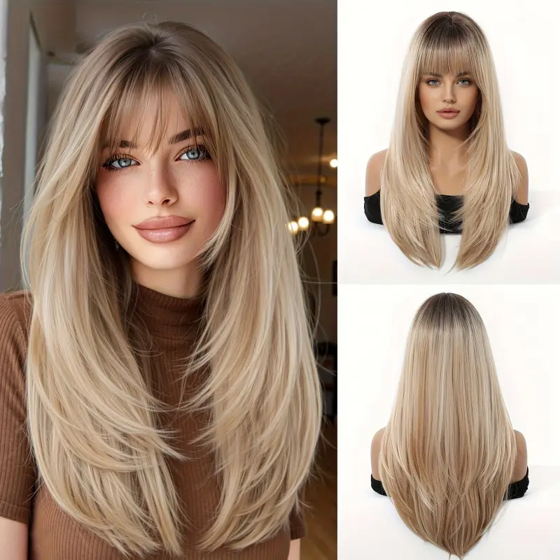 Straight Light Brown Wig for Female, 22-Inch High-Layered Fluffy Synthetic Hair with Air Bangs & Rose Net Cap for Daily & Halloween, Straight Synthetic Wig, Fluffy Hair Wigs
