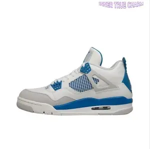 White & Military Blue High-Top Sneakers | Leather & Mesh Upper with Air Cushion Sole | Unisex Retro Basketball & Streetwear Shoes for Men & Women