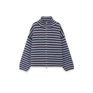 Striped double zipper knitted cardigan for spring and autumn, women's casual loose knitted jacket, leadingRAIMENTRY
