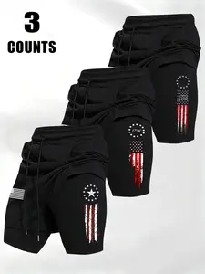 Men's Summer Trendy American Flag Print Shorts 3-Pack, Dual Layer Design with Distressed Patriotic Patterns, Ideal for Fitness and Hardcore Streetwear, Letter Print Shorts, Striped Print Shorts