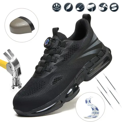 Shenganton Chic Men’s Worker Safety Sports Shoes - Lightweight, Breathable Knit Upper Mesh Low-Top Outdoor Work Walking Shoes with Puncture-Resistant Sole, Easy-On/Off Rotating Button, All-Season Construction