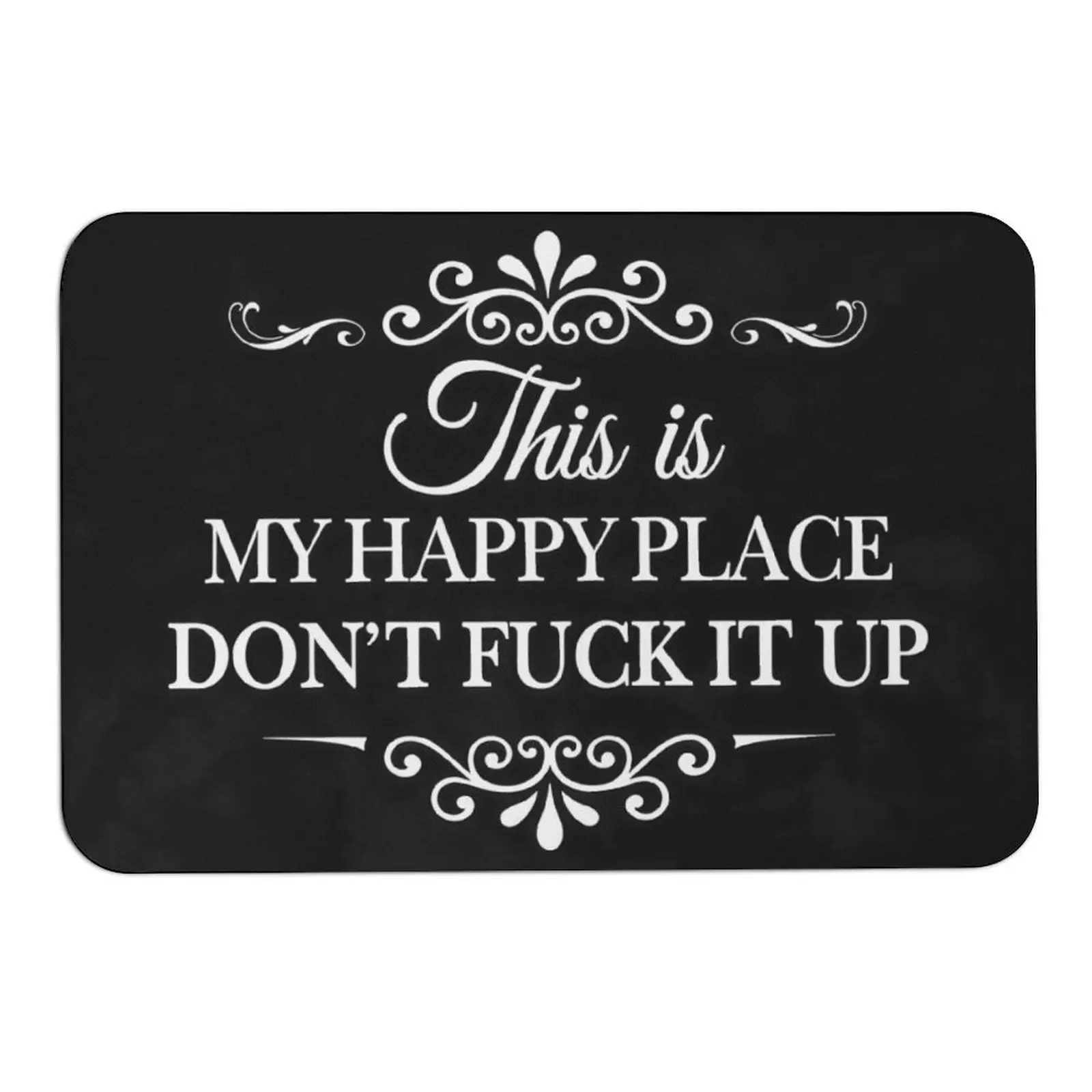 Funny Happy Place Bath Mat, Black Humorous Quote Bathroom Floor Mat for Shower, Sink, Bedroom and Home Decor