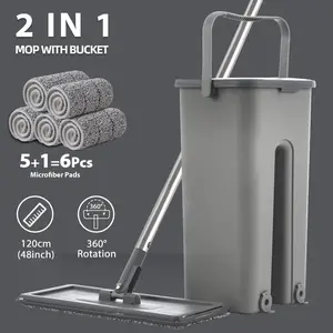 Hand Free Flat Floor Mop Plastic Metal
