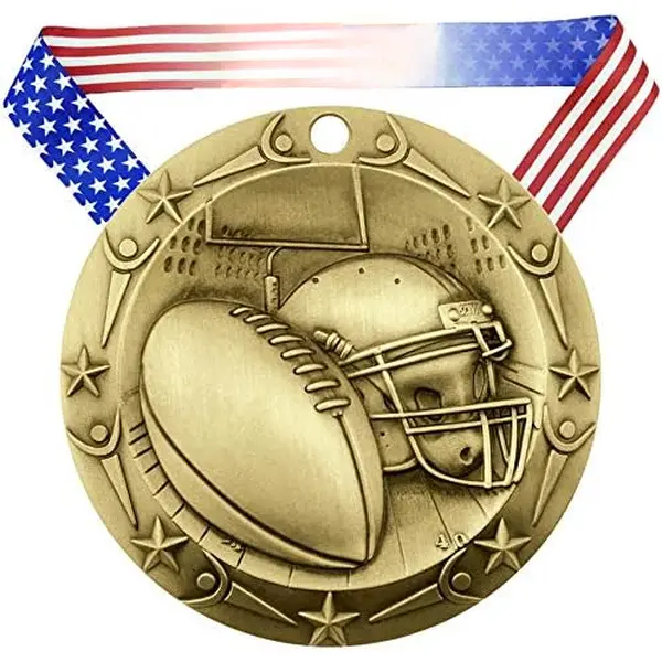 Football World Class Medal - 3 Inch Wide | Football Medal with Stars and Stripes  Flag V Neck Ribbon - Gold or Silver