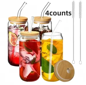 4-Piece Glass Cup Set, 16oz Drinking Glasses with Bamboo Lids and Straws, Mojito Beer Glasses, Multipurpose Cups for Soda, Milkshakes, Whiskey, Iced Coffee, Cocktails, Tea and Juice