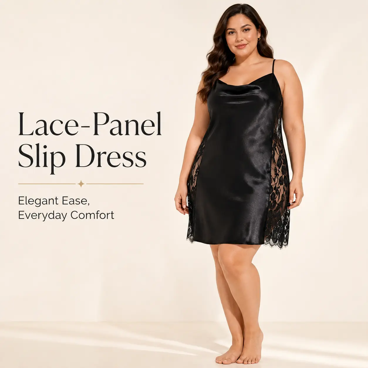 Women's Plus Size Satin-Feel Lace Chemise Nightgown, Black Cowl Neck Crisscross Back Sleep Dress, 1XL-5XL Adjustable Elegant