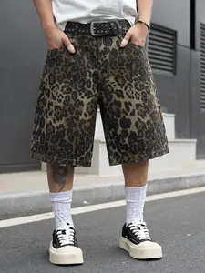 Leopard Print Denim Shorts, Summer Streetwear, Loose-Fit Cotton, Breathable Five-Quarter Pants, Casual Daily Wear, Hip-Hop Style