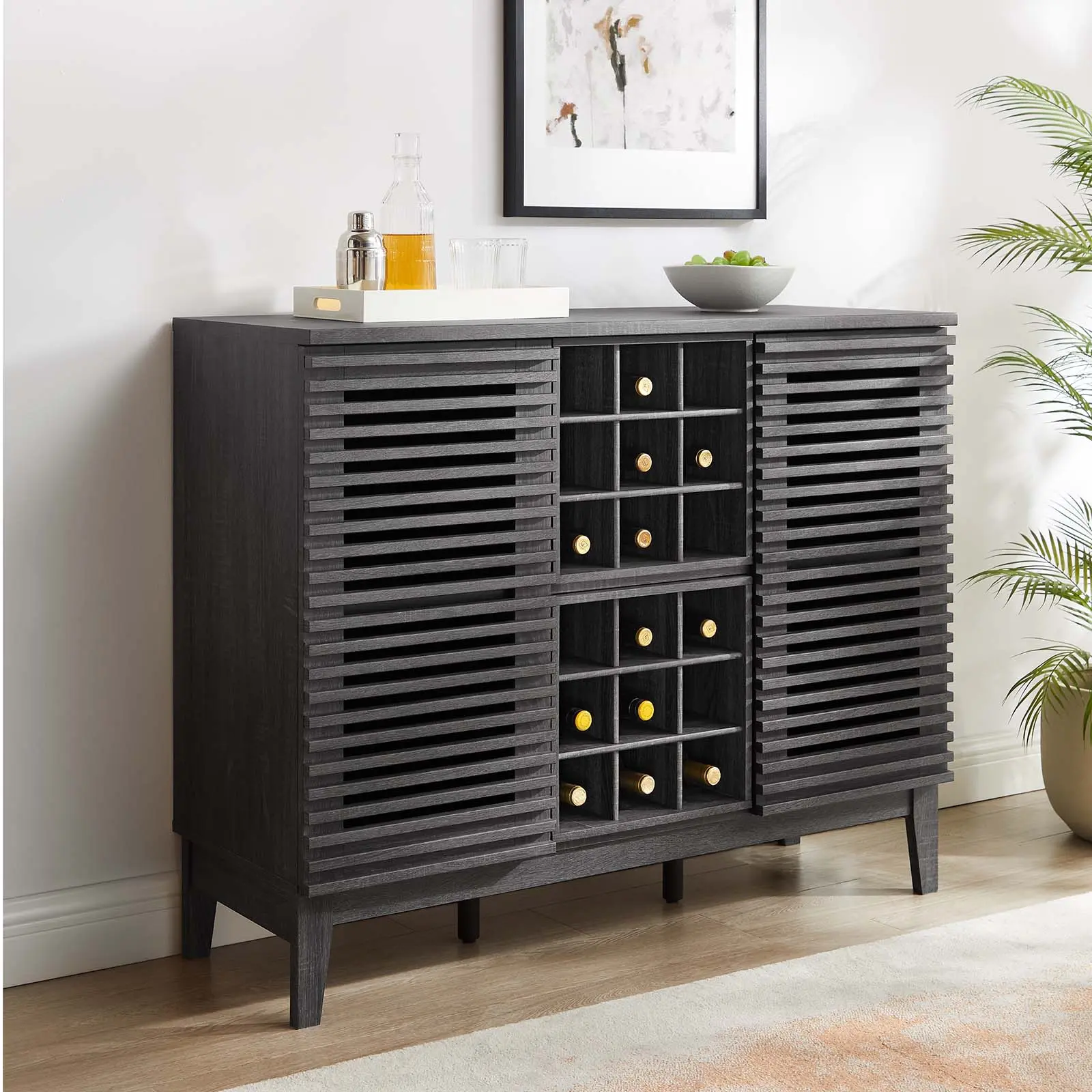 Modway Render Charcoal Home Bar Cabinet - Furniture, Floor-Mounted, Hidden, High Capacity, Mid-Century Style Indoor Cupboard & Cabinet, Floor-Mounted Home Bar Furniture, Hidden Home Bar Furniture, High Capacity Home Bar Furniture