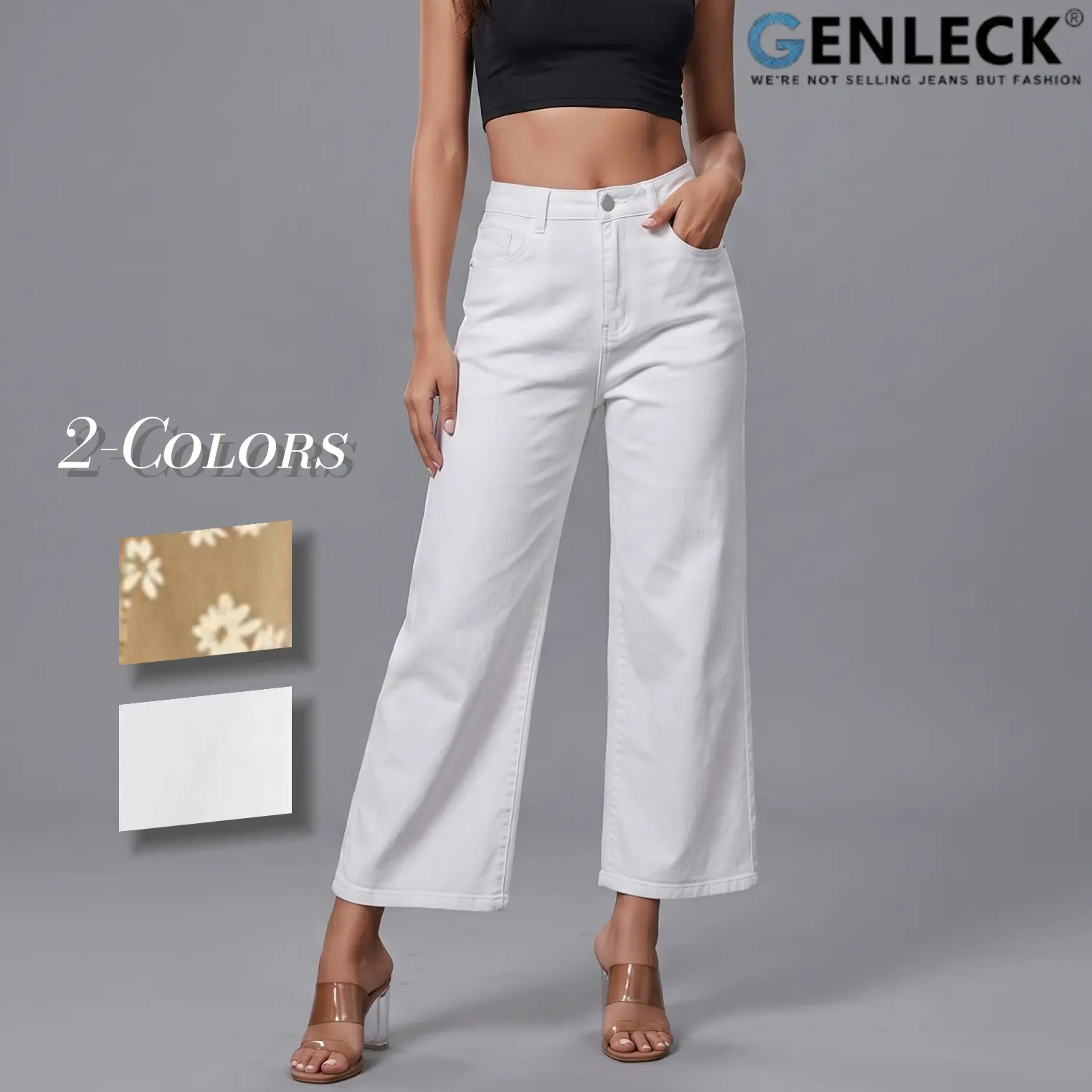 Genleck High Waisted Wide Leg Cropped Jeans for Women - Stretchy Baggy Pants, Petite Friendly Loose Fit White Denim for Summer Casual Outfits