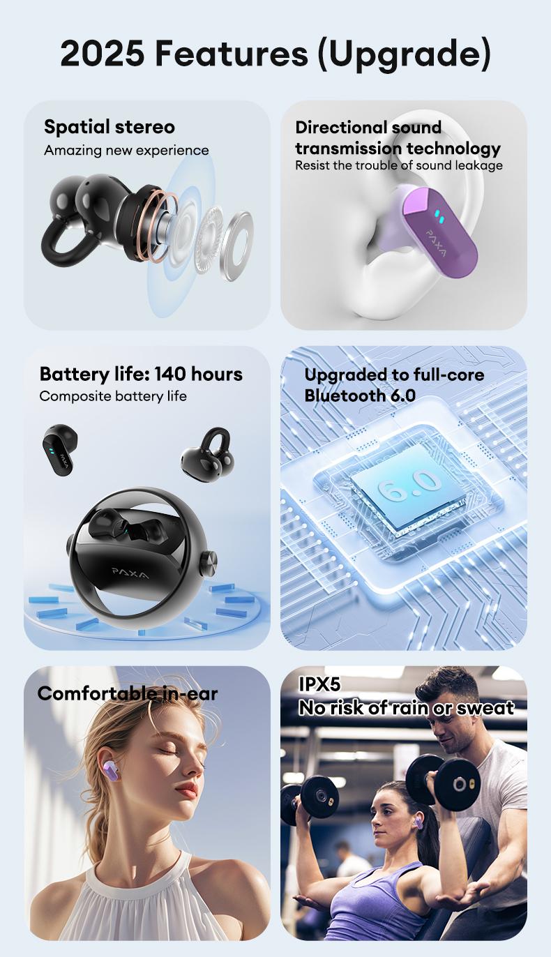 PAXA Ctbuds In-ear & clip-on 2-in-1 wireless Bluetooth Headphones, Bluetooth 6.0 ,Comfortable Wearing & IPX5 Waterproof Sports Earbuds for Work, Fitness ,Two earphones connected at the same time for uninterrupted listening ,Couple earphones