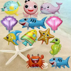 12PCS Large Cute Sea Animal Balloons Octopus Shark Fish Dolphin Hippocampus Crab Scallops Foil Balloons for Boys Girls Sea Underwater Animals Theme Party Decoration