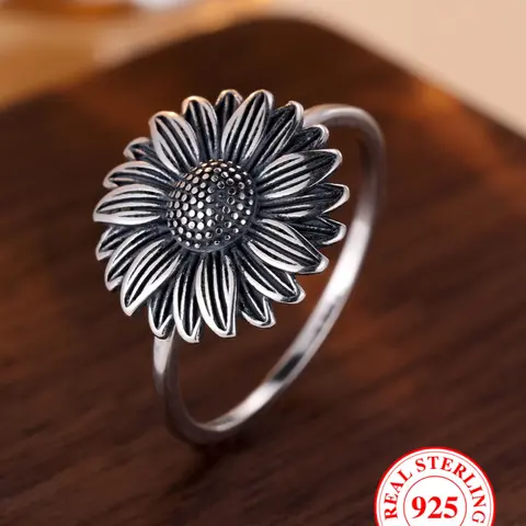 S925 Sterling Silver Sunflower Design Unique Real Rings, Adjustable Sunflower Ring, Everyday Ring, Fashion Beautiful Rings, Fashion Accessories for Women & Men, Trendy All-match & Exquisite Jewelry for Birthday Gift, Girlfriend Gifts, Statement Rings