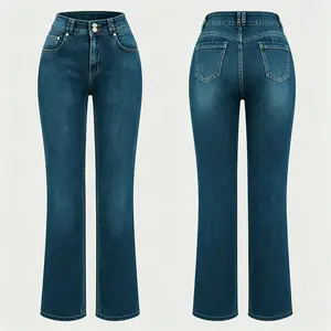 Women's Double Button High Waist Dark Wash Bootcut Flare Jeans, Slim Fit Casual Daily Streetwear Bell Bottom Denim Pants
