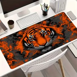 Orange Tiger Head Large Gaming Mouse Pad, Animal Print Extended XXL Desk Mat, Non-Slip Rubber Base, Stitched Edge, For Office Home Work & PC Gamer, Wildlife Decor