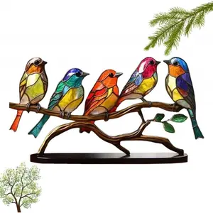 Stained Glass Birds On Branch Desktop Ornaments, Acrylic Multicolor Hummingbird Craft Statue, Bird Series Alloy Decorations, Stain Glass Ornament for Home and Office Desk Decorations, Decorative Figurines