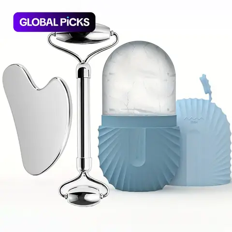 Facial Skincare Ice Roller Set, Face Slimmer, Heart-Shaped Facial Scraper, Ice Cube Mold, and Double-Ended Massage Roller #GLOBAL PICKS