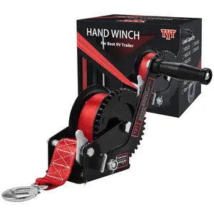 TYT 1600lb Boat Trailer Winch with 8M Red Strap, 2 Way Ratchet Hand Crank Strap Winch with Strong Hook, Heavy Duty Steel Construction Manual Gear Winch for RV Jet Ski Boat Trailer Towing Pulling Winch
