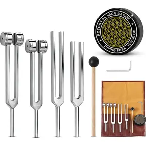 Tuning Forks for Healing Set-128Hz, 136.1Hz, 256Hz, 384Hz Weighted & Unweighted with Activator & Pouch-Complete Sound Therapy Kit for Chakra Balancing, Yoga, Meditation, Stress Relief & Energy Healing 01