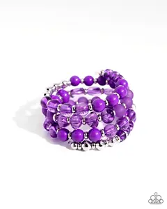 Colorful Charade - Purple Bead Silver Coil Bracelet - Paparazzi