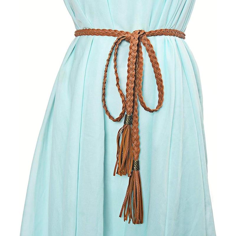 Women's Tassel Braided Rope Belt PU Leather  Belt Thin Woven Boho Waistband For Dress Jeans