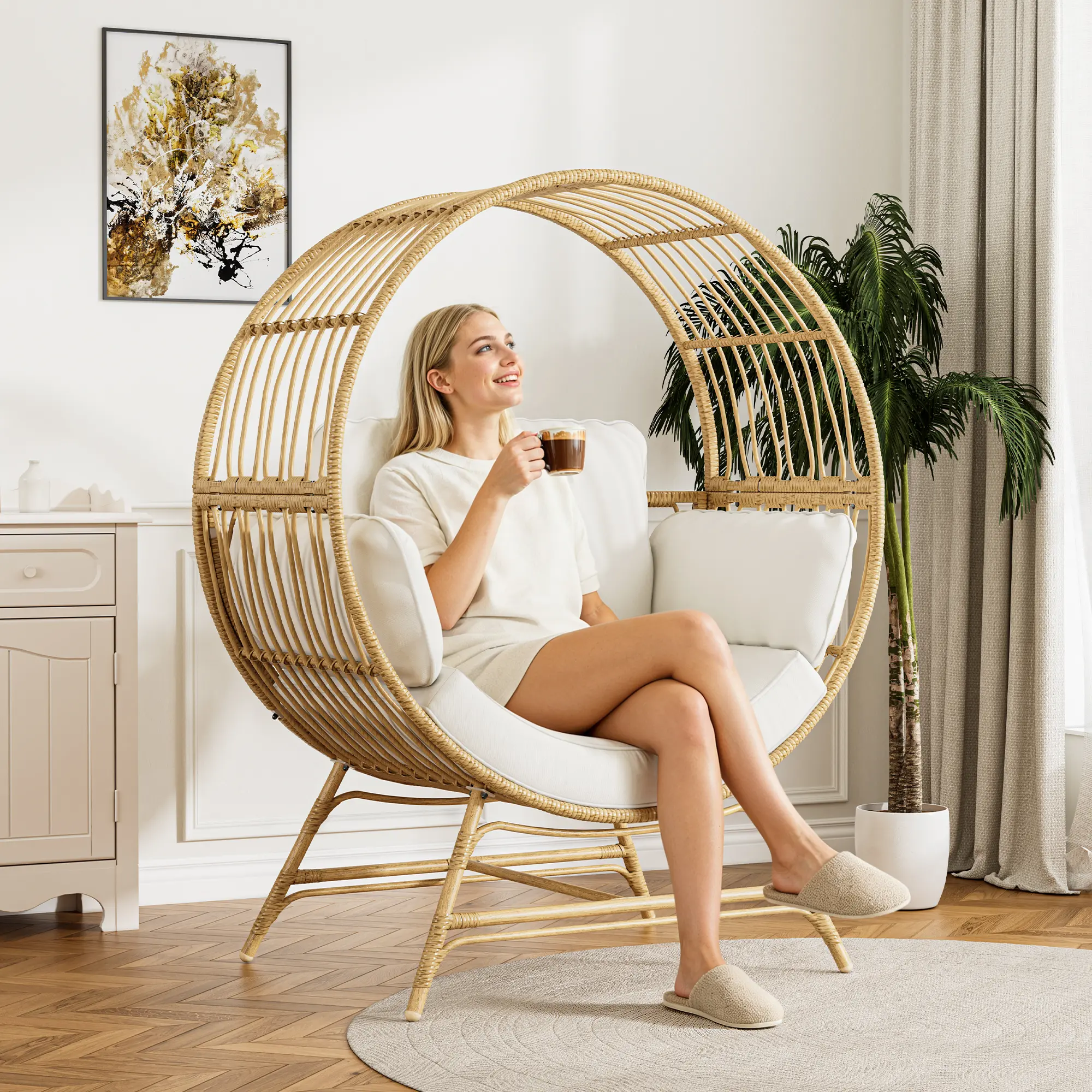 Rattan Wicker Egg Chair, Egg Basket Lounge Chair with 4 Cushions, Oversized Indoor and Outdoor Lounger Chair for Patio & Living Room, Steel Frame, 330lbs Capacity
