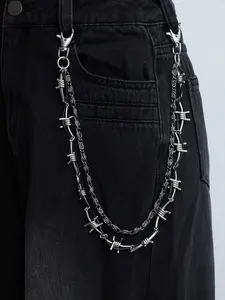 Punk Style Leather Rope Thorn Pants Chain, Cool Double Layer Metal Adjustable Waist Chain for Men&Women, Hip Hop Fashion Hip Hop Pendant Belt Clip Metal Belt Chain Key Chain for Jeans, Trouser, Shorts, Daily Clothing Decor