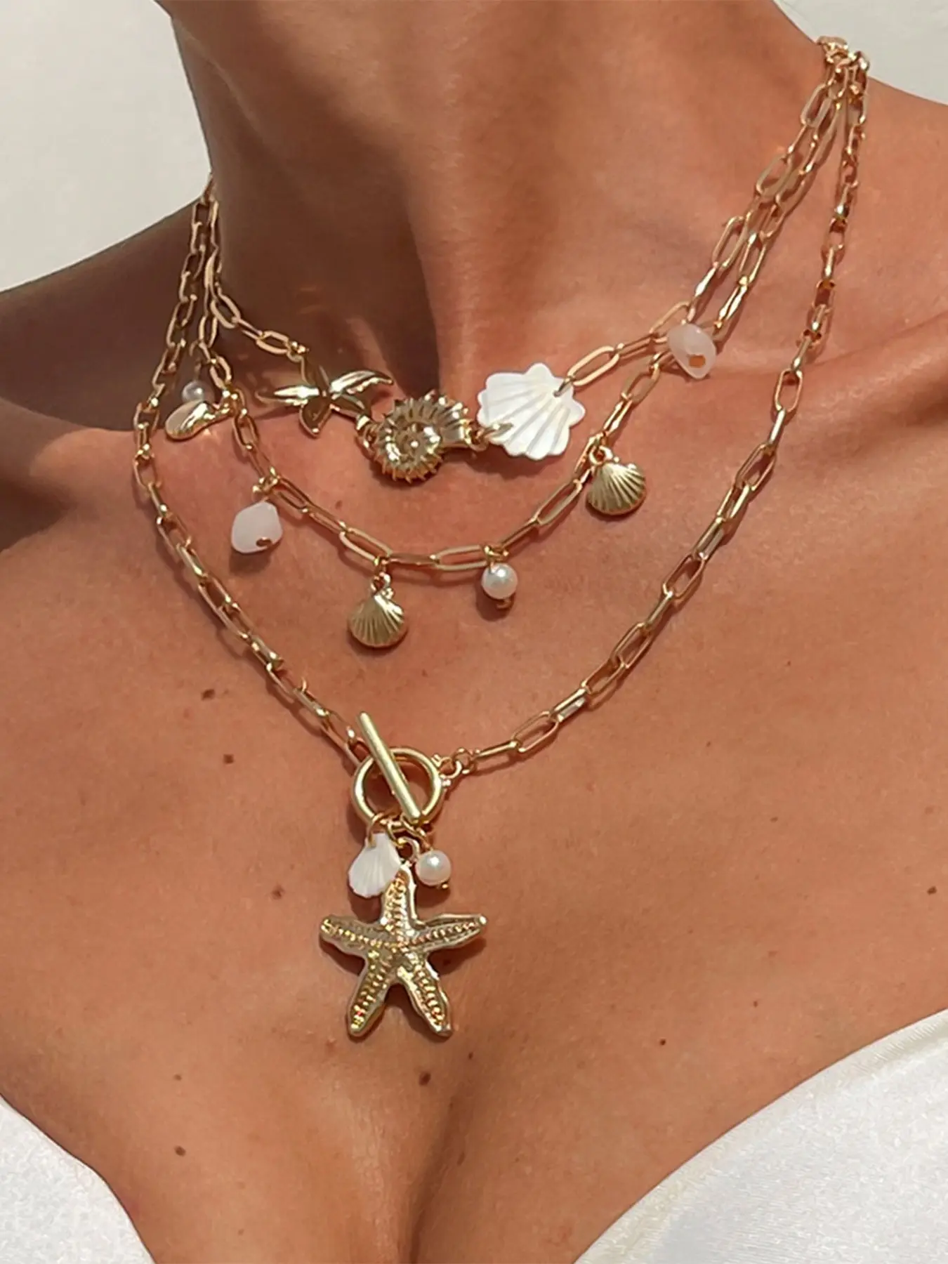 Boho Shell Starfish Conch Necklace Set for Women, Beach Boho Necklace, Fashion Rhinestone Chain Jewelry, Perfect for Parties Vacations Gifts