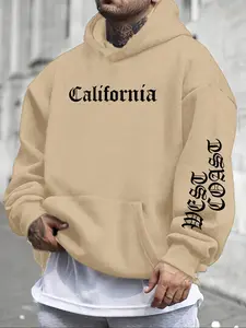 Men's Letter Print Drop Shoulder Hoodie, Fashion Casual Regular Fit Drawstring Pocket Hooded Sweatshirt for Daily Holiday Outdoor Wear, Men Clothes for Fall & Winter