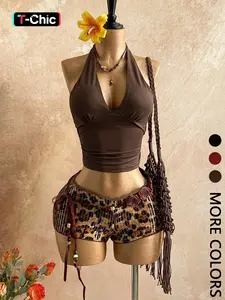 2 Piece Spring Summer Leopard Sequin Outfit Set Women | Halter Deep V Backless Crop Top + High Waist Bodycon Shorts | Y2K Boho Glam Style for Festival Vacation Beach Night Out Wear