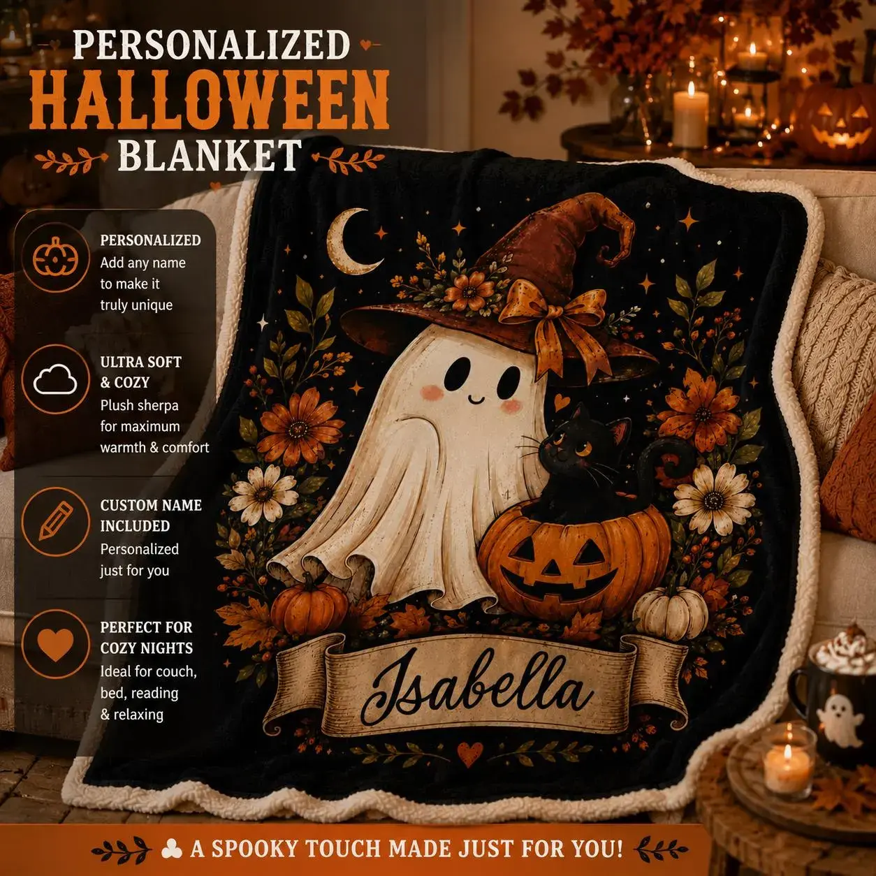 Personalized Halloween Blanket • Cute Ghost & Cat Cozy Fall Throw • Custom Name Spooky Season Blanket