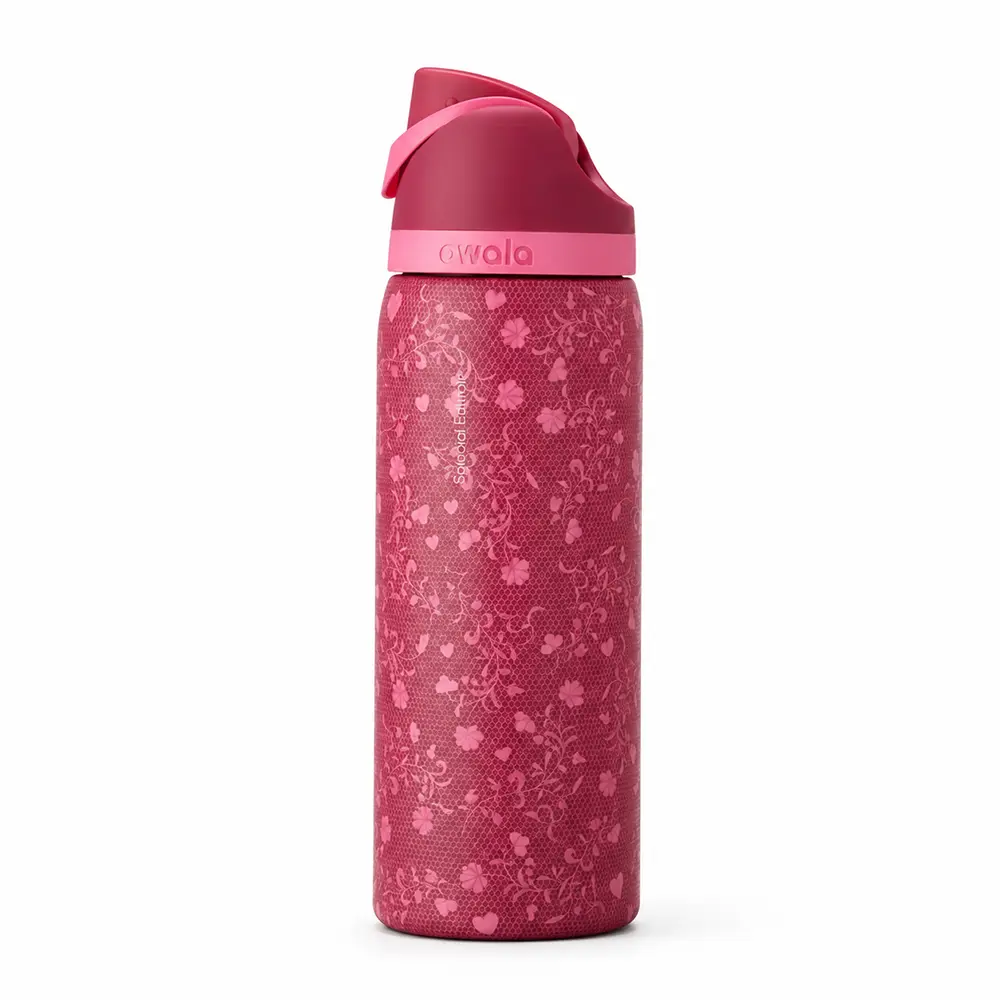 Owala 24oz FreeSip Pink Heart & Floral Print Stainless Steel Water Bottle – Romantic Insulated Bottle with Built-In Straw