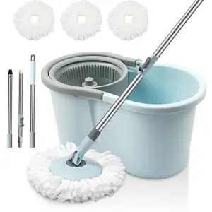 Mini Spin Mop Bucket Set with Wring System, 360° Rotating Mop Head, Adjustable Stainless Steel Pole, Quick-Dry Wringer, 3pcs Microfiber Heads, Compact Storage