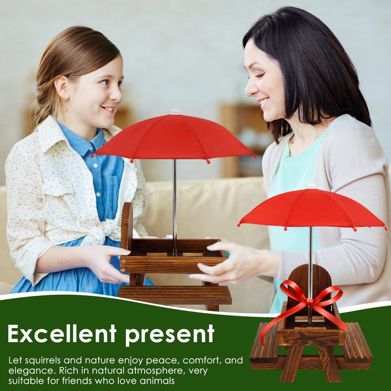 Wood Squirrel Feeder with Red Umbrella Carbonized Squirrel Picnic Table Waterproof Chipmunk Feeder Funny Squirrel Feeder Picnic Table for Squirrel Gift