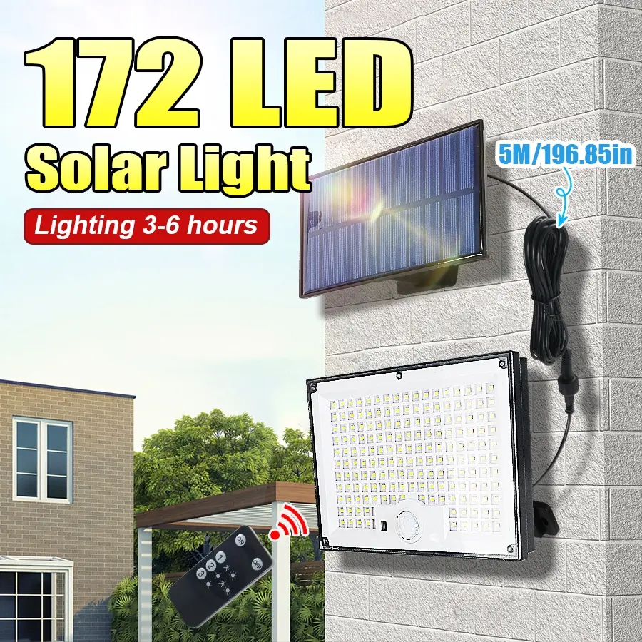 172LED Solar Outdoor Spotlight, Wall Light with Motion Sensor, Remote Control and IP65 Grade, Solar Charging, Solar Floodlight, Great for Garden, Patio, Garage and Sidewalk Lighting