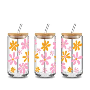 Pink & Orange Floral Pattern Design 16oz Covered Straw Glass Drinking Cup, Reusable Glass Drinking Cup, Tumbler, Glass Jar Design, Suitable for Iced Coffee, Juice, Glassware, Perfect Gift for Coffee Lover, Mom, Family and Friends