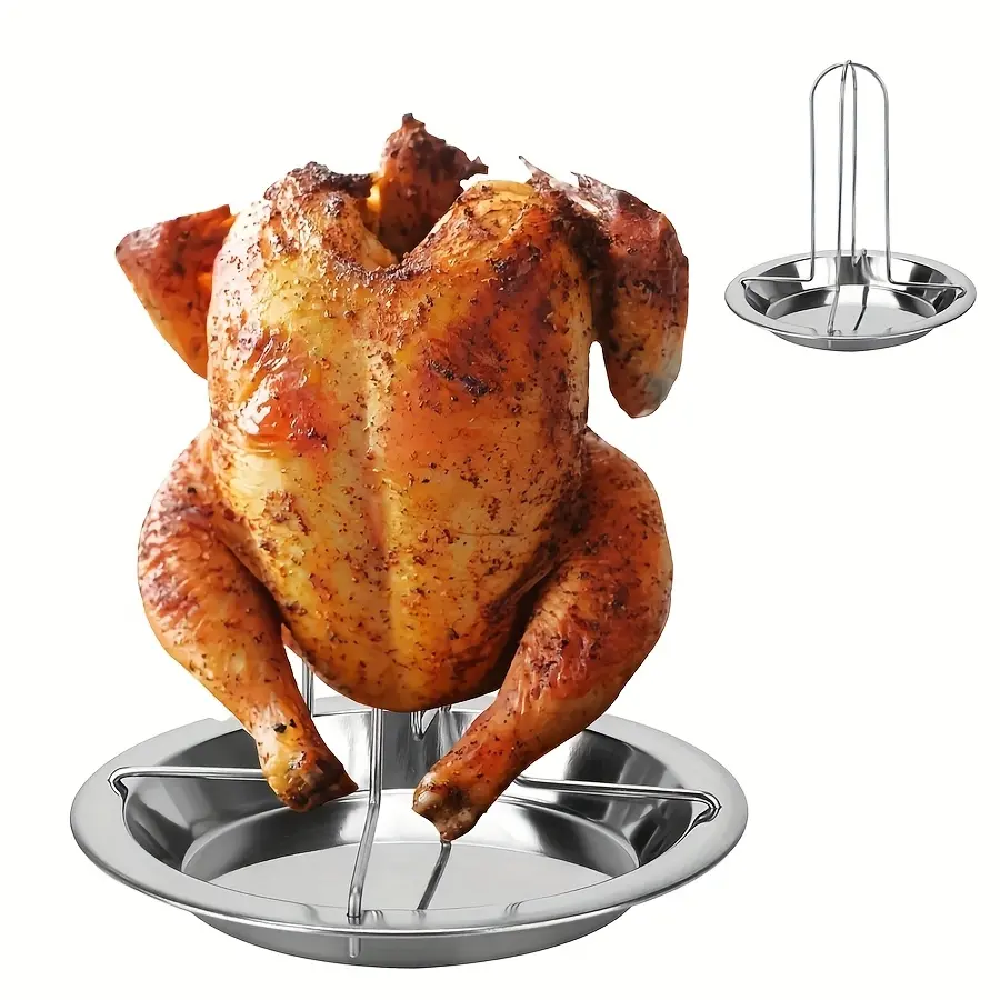 1pc Durable Thick Stainless Steel Chicken Roasting Rack - Foldable Vertical Barbecue Skewer with Drip Tray, All Seasons Kitchen Utensil for Campfire, BBQ Party, Oven Use, Easy-to-Store