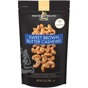 Squirrel Brand Sweet Brown Butter Cashews, 3.5 oz Resealable Bag, Gourmet Flavored Cashews Nuts, Gluten Free, Vegetarian