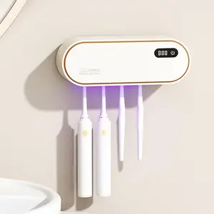 Toothbrush Holder Wall Mounted, Cleaning Box with Smart Drying and Cleaning, Toothbrush Holder with 4 Toothbrush Slots, Toothbrush Organizer for Bathroom (Beige - 4 Slots)