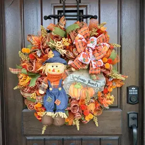 Fall Welcome Scarecrow Wreath - Handmade