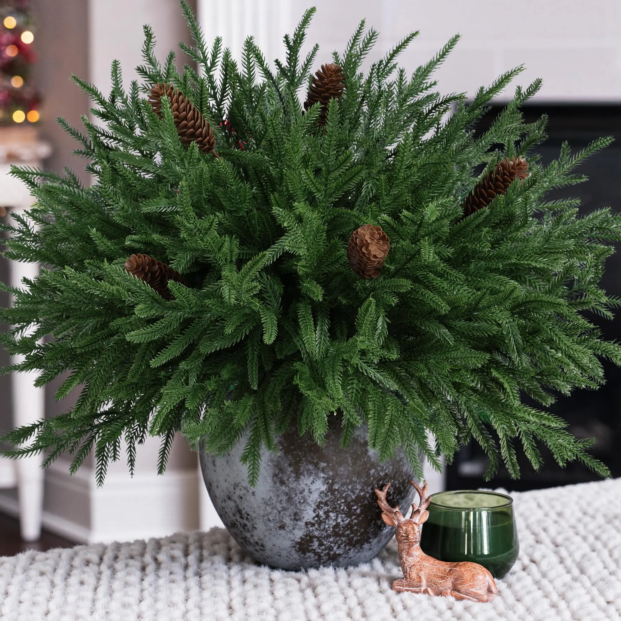 Ivydale 19 Inch Christmas Norfolk Pine Stems, 12PCS Real Touch Faux Cedar Pine with 5PCS Big Pine Cones Branches, Artificial DIY Greenery Stems Plastic Picks for Vase Indoor Outdoor Home Garden Décor