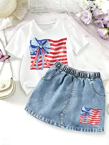 Girls' American Flag Bowknot Print 2pcs Set (t-Shirt + Denim Skirt), Casual Loose Fit, Spring & Fall Fashion, Perfect for Daily