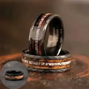 8mm black hammered men's ring with a Koa wood face, suitable for wedding rings, everyday wear, gifts, and parties