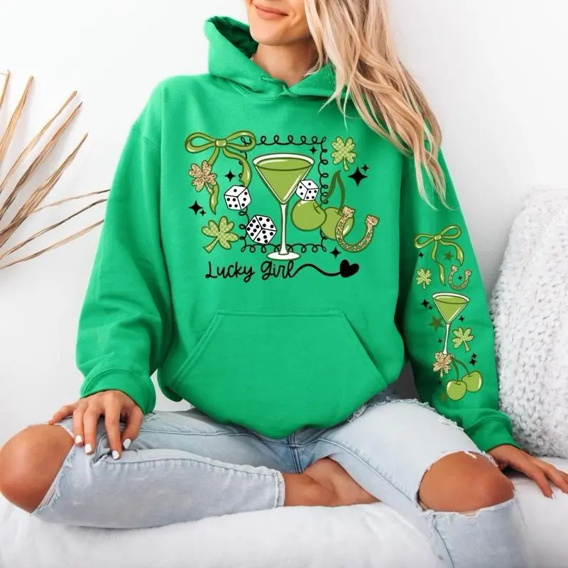 Lucky Girl Martini  Gildan hooded Sweatshirt with Sleeve design hoodie unisex sizing womenswear comfortable soft Casual Pullover Tops Fabric Pocket Mint Green Green Spandex Cotton Fit Everyday Fashion