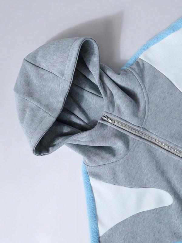 Unisex Graphic Print Hoodie Jacket With Fleece Lining, Patchwork Design, Suitable For Autumn/Winter