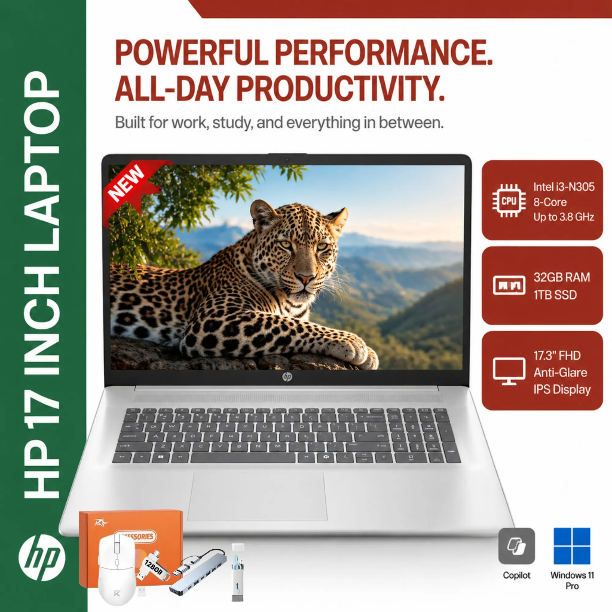 HP 17.3" Full HD IPS Display Laptop, Intel 8-Core i3-N305 Processor, Up to 32GB RAM, 1TB SSD, Intel UHD Graphics, Windows 11 Pro, Fast Charge, Wi-Fi 6, Bluetooth 5.4, Built-in HD Webcam, d1523 Bundle Accessory Included